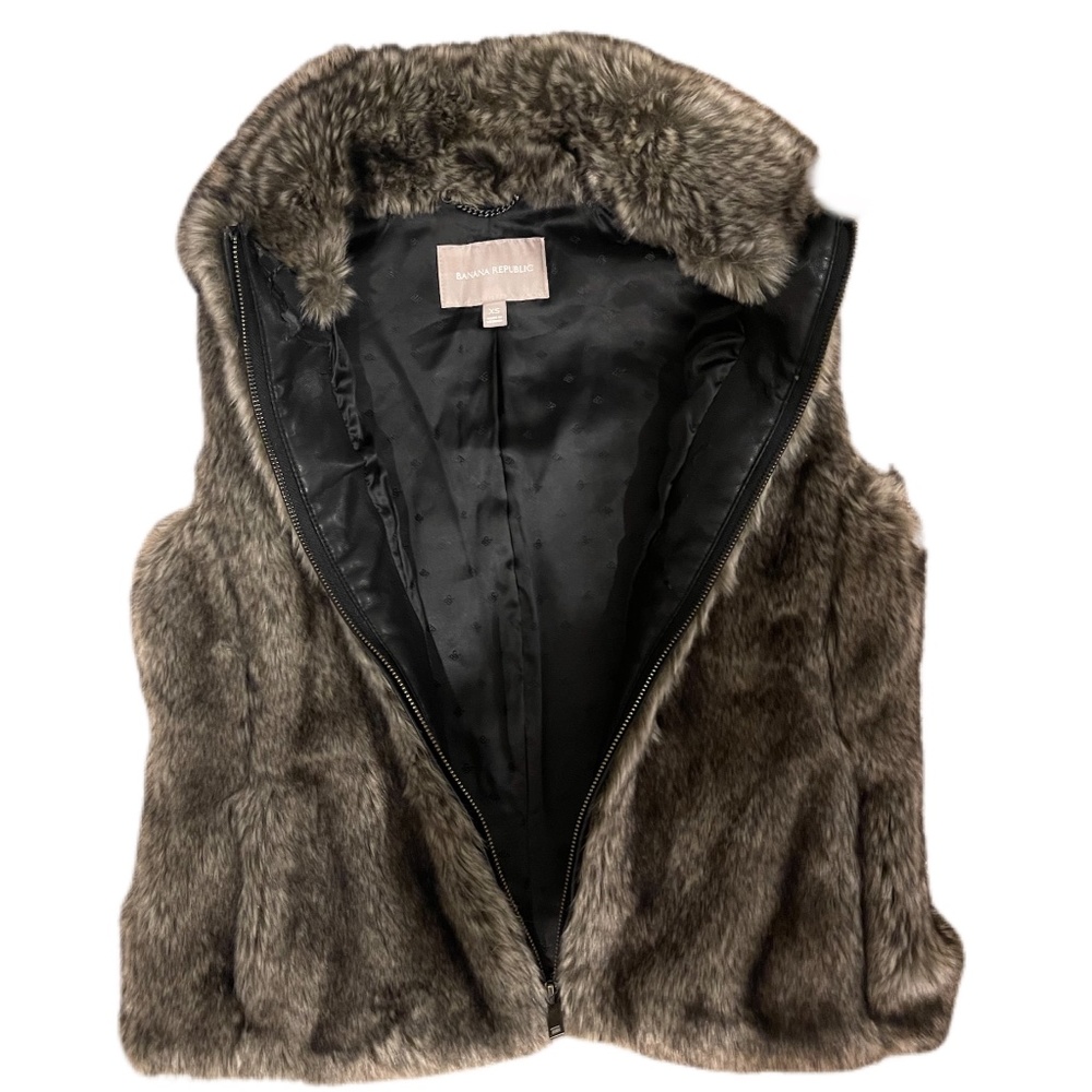 Banana Republic XS Faux Fur Lined Coat Vest Taupe Brown Black EUC
